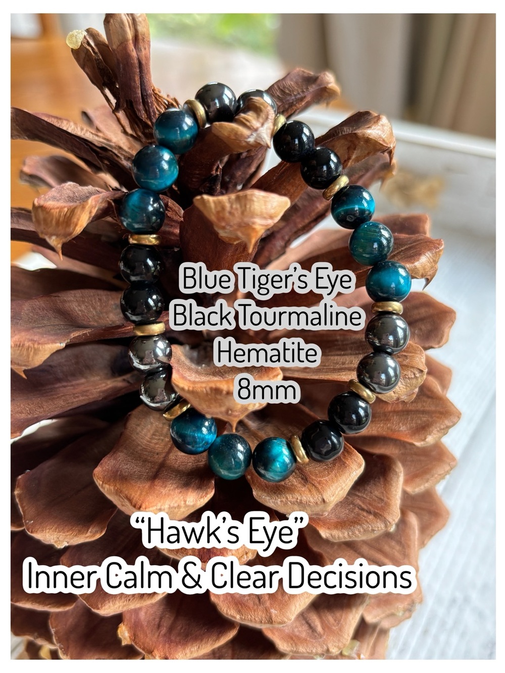 “Hawk’s Eye” Blue Tiger’s Eye Black Tourmaline Hematite Crystal Bracelet 8mm NEW